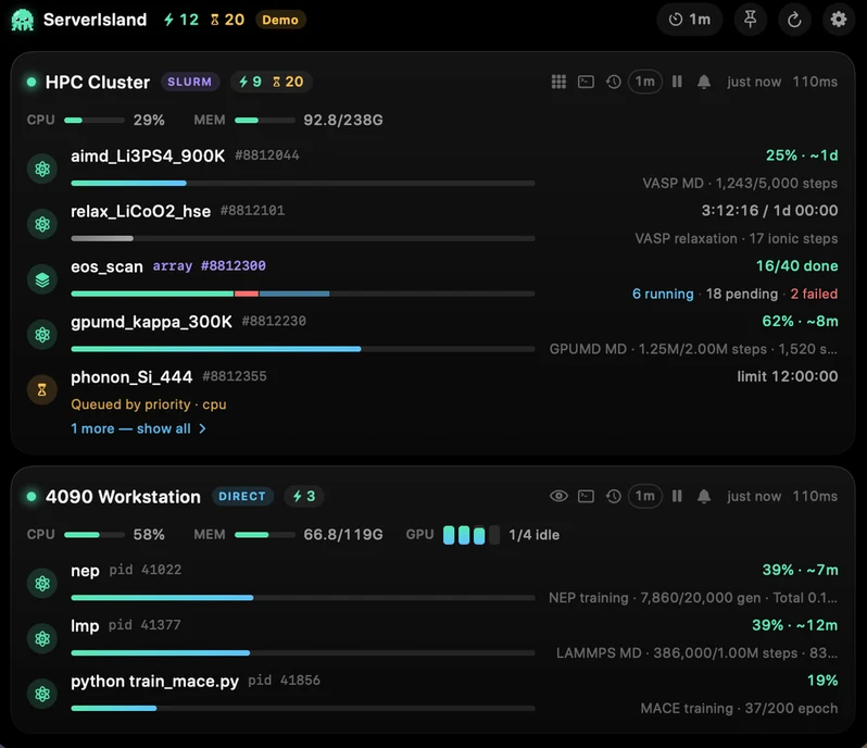 ServerIsland showing Slurm jobs and NEP, VASP and LAMMPS progress in the Mac notch